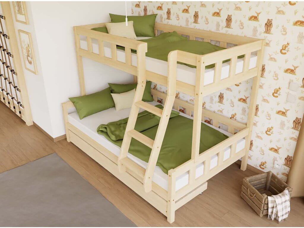 Holz Etagenbett ELA mit Leiter vorne für 3 Personen, versch. Farben & Zubehör