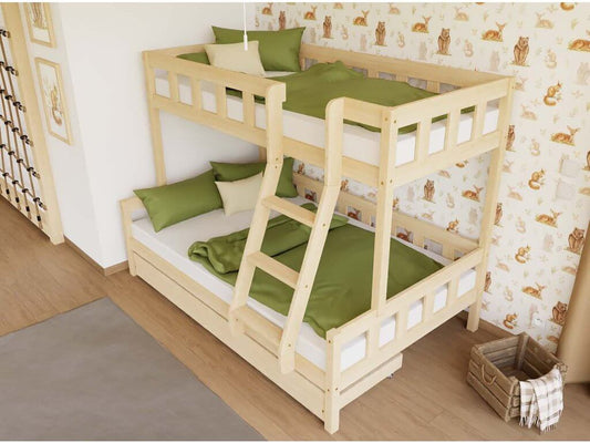 Holz Etagenbett ELA mit Leiter vorne für 3 Personen, versch. Farben & Zubehör