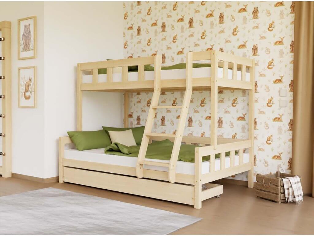 Holz Etagenbett ELA mit Leiter vorne für 3 Personen, versch. Farben & Zubehör