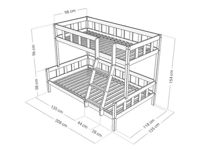 Holz Etagenbett ELA mit Leiter vorne für 3 Personen, versch. Farben & Zubehör