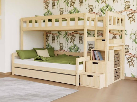 Holz Etagenbett ELA mit Regalstufen für 3 Personen, versch. Farben & Zubehör