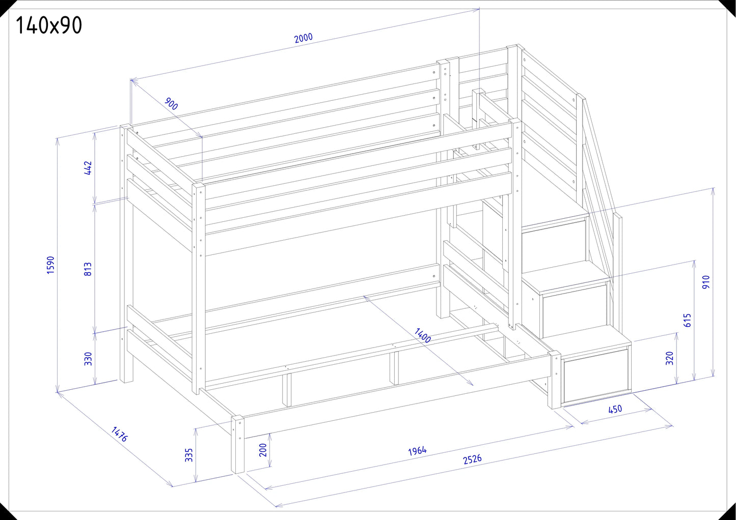 Holz Etagenbett HANNES für 3 Personen mit Stufenregal, 90x200 cm & 140x200 cm, versch. Farben