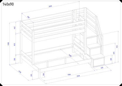 Holz Etagenbett HANNES für 3 Personen mit Stufenregal, 90x200 cm & 140x200 cm, versch. Farben