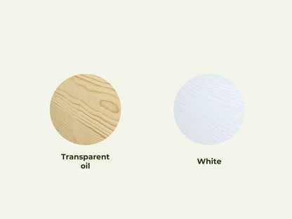 Farbauswahl für Holz Etagenbett THEA mit Stufenregal vorne: Transparent oil und White.