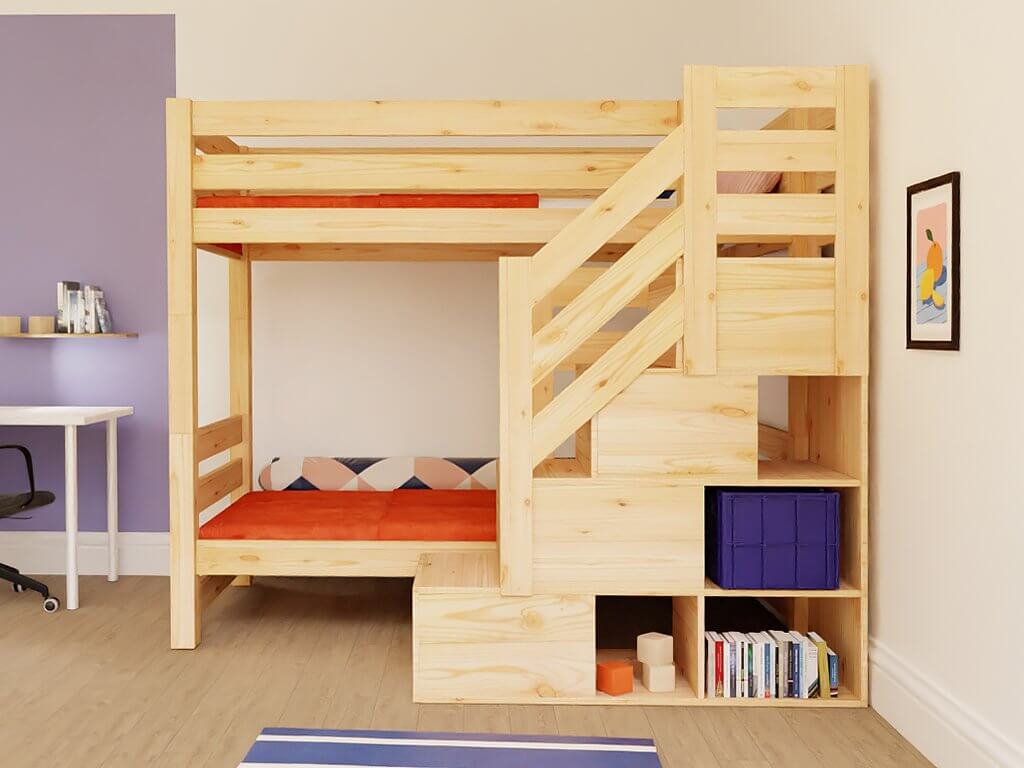 Holz Etagenbett THEA mit Stufenregal vorne – modernes Design und Funktionalität für das Kinderzimmer.