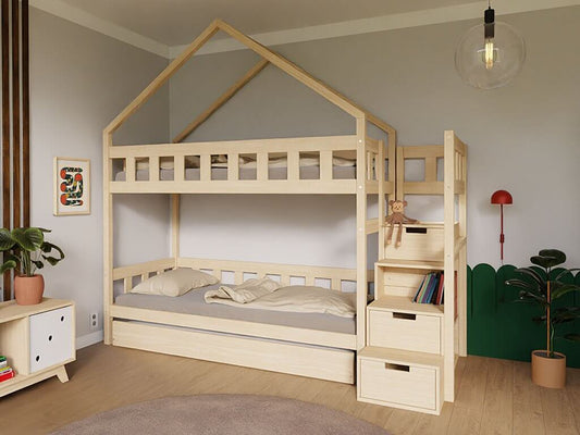 Holz Haus Etagenbett ELA mit Regalstufen, versch. Farben & Zubehör, 90 x 200 cm