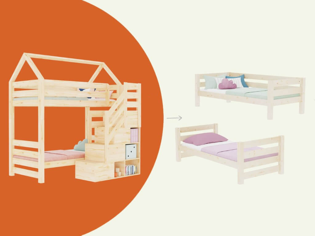 Holz Haus Etagenbett THEA mit Stufenregal vorne, stilvolles Design und vielseitige Nutzung im Kinderzimmer.
