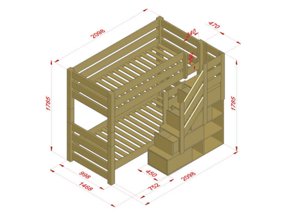 Holz Haus Etagenbett THEA mit Stufenregal vorne – technische Zeichnung mit Maßen und Details