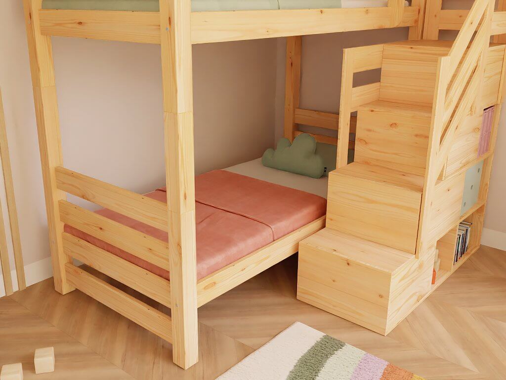 Holz Haus Etagenbett THEA mit Stufenregal vorne in einem farbenfrohen Kinderzimmer.