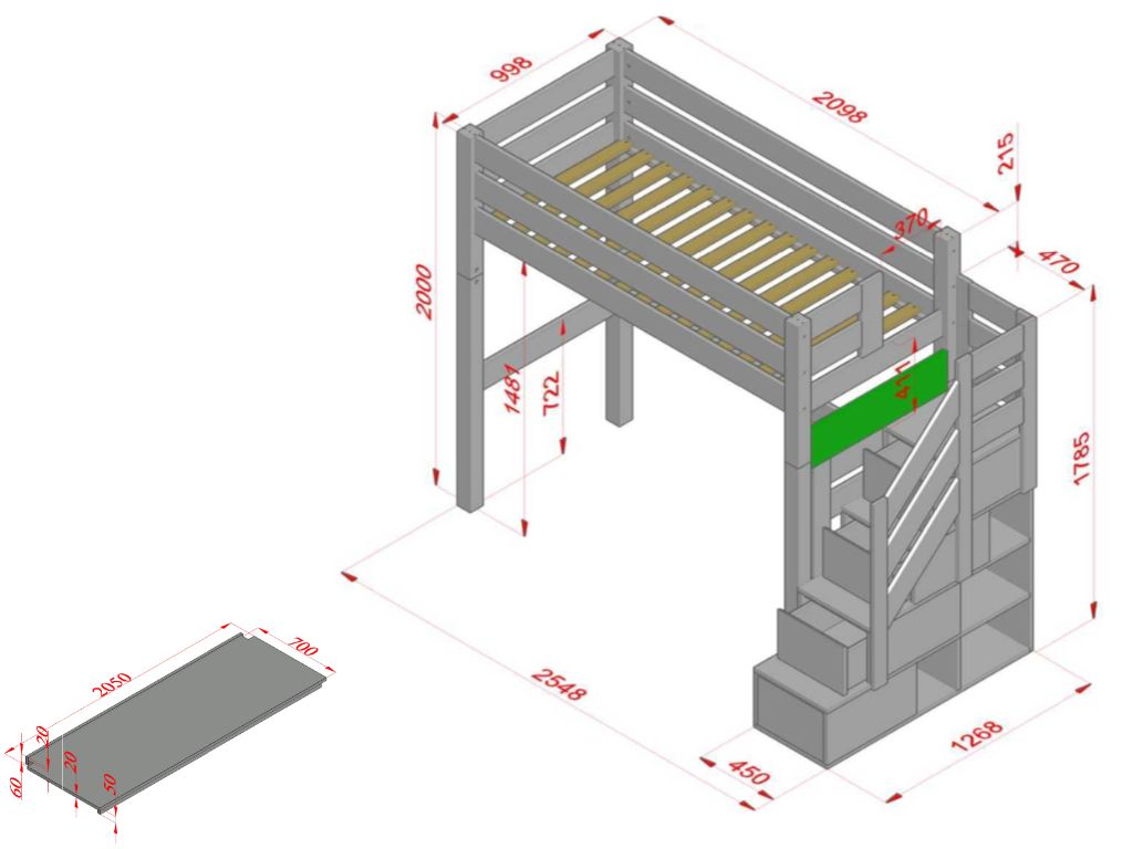 Holz Haus Hochbett mit Stufenregal und Schreibtisch 90x200 cm