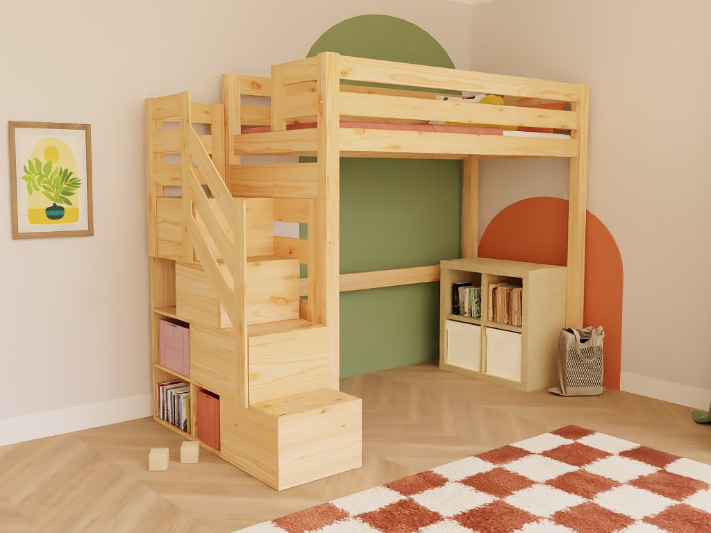 Holz Hochbett mit Stufenregal 90x200 cm