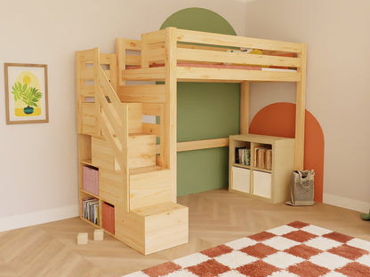 Holz Hochbett mit Stufenregal 90x200 cm