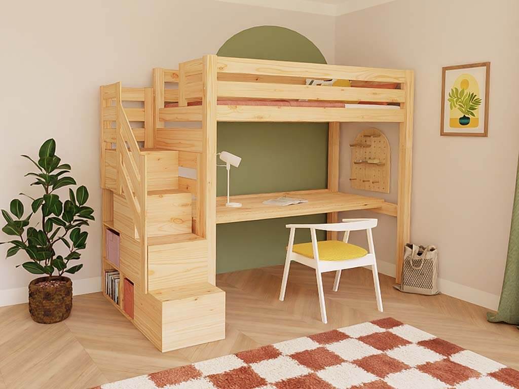 Holz Hochbett mit Stufenregal und Schreibtisch 90x200 cm in modernem Kinderzimmer-Design.