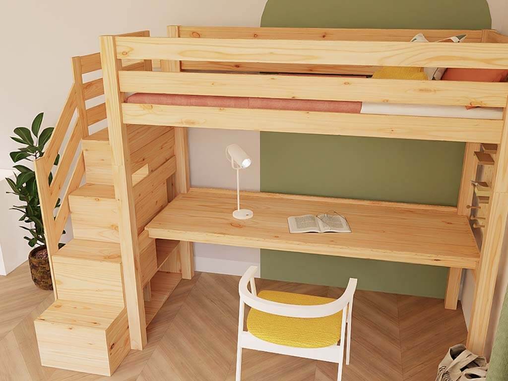 Holz Hochbett mit Stufenregal und Schreibtisch 90x200 cm im modernen Kinderzimmer-Design.