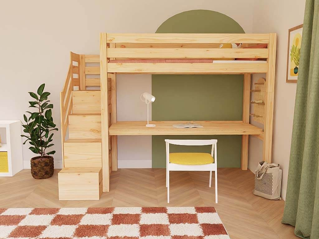 Holz Hochbett mit Stufenregal und Schreibtisch 90x200 cm in modernem Kinderzimmer-Design.