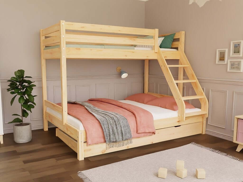 Holz Etagenbett HANNES für 3 Personen, 80x200 cm & 120x200 cm, versch. Farben