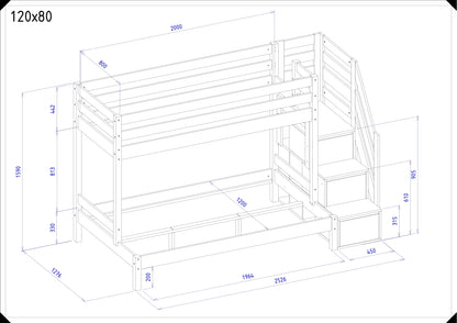 Holz Etagenbett HANNES für 3 Personen mit Stufenregal, 80x200 cm & 120x200 cm, versch. Farben