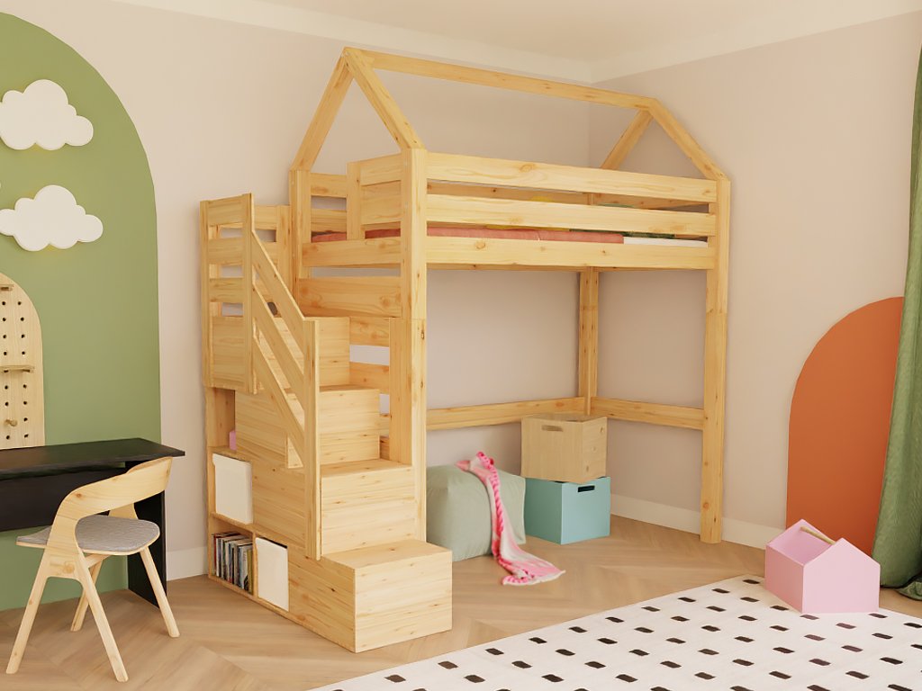 Holz Haus Hochbett mit Stufenregal 90x200 cm
