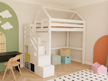 Holz Haus Hochbett mit Stufenregal 90x200 cm