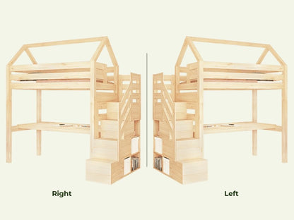 Holz Haus Hochbett mit Stufenregal und Schreibtisch 90x200 cm
