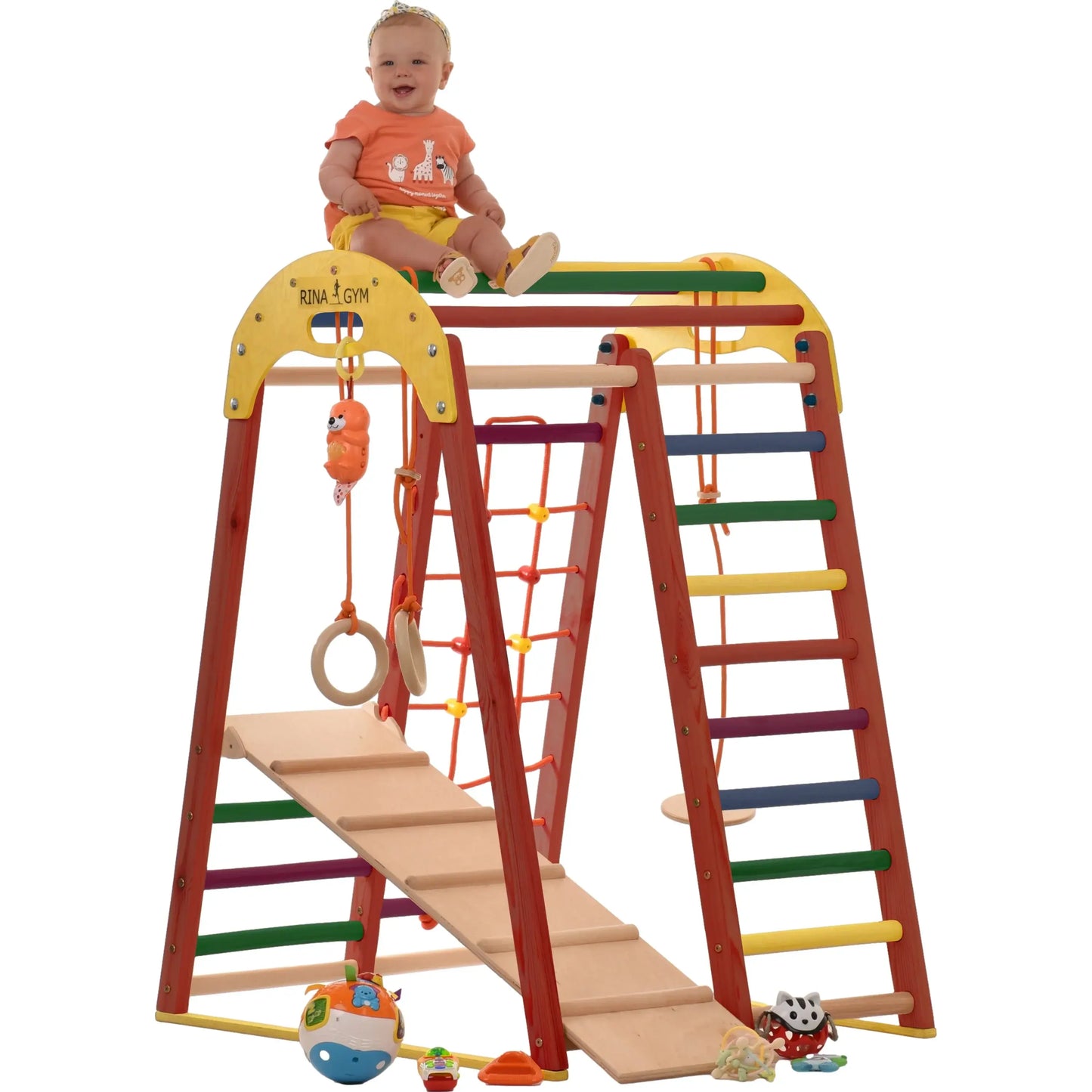 Indoor playground red made of wood - climbing net, swedish ladder, rings, slide