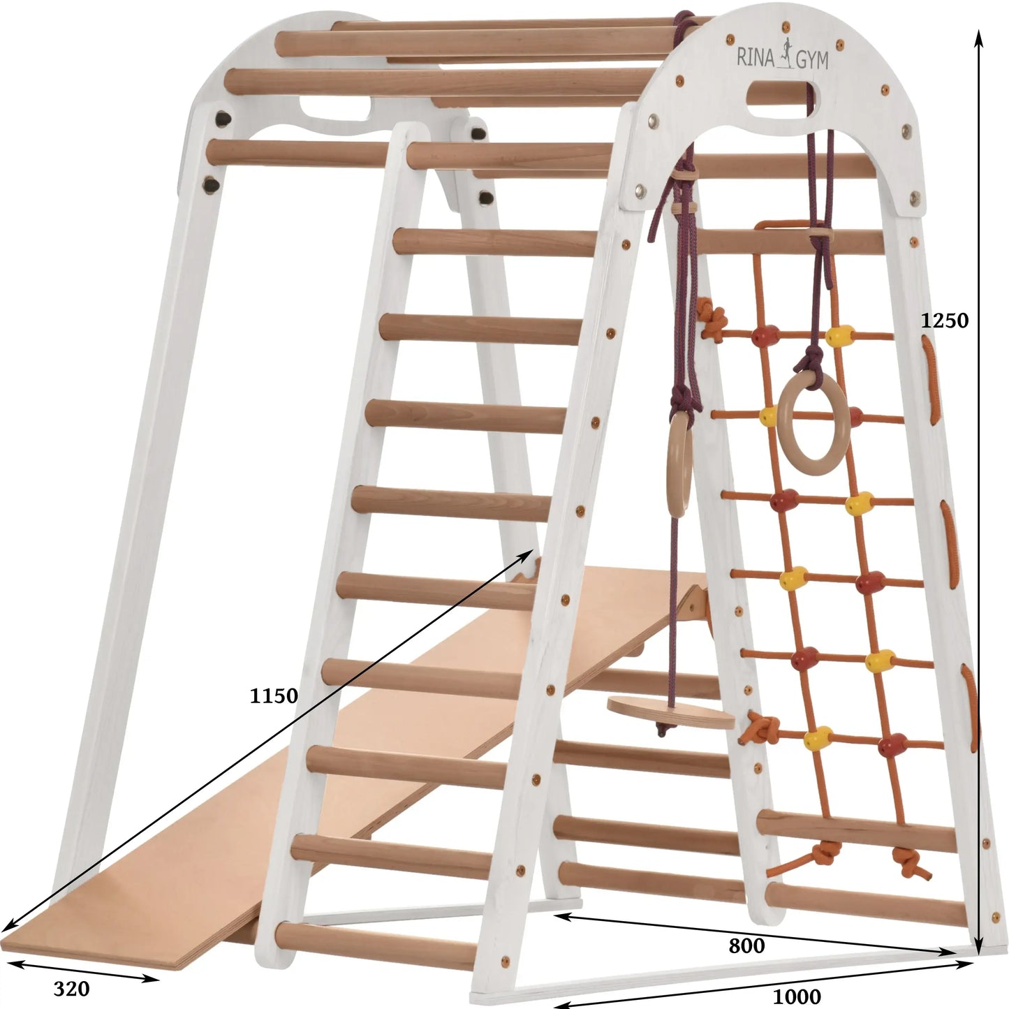 Indoor Spielplatz weiß aus Holz - Kletternetz, schwedische Leiter, Ringe, Rutsche