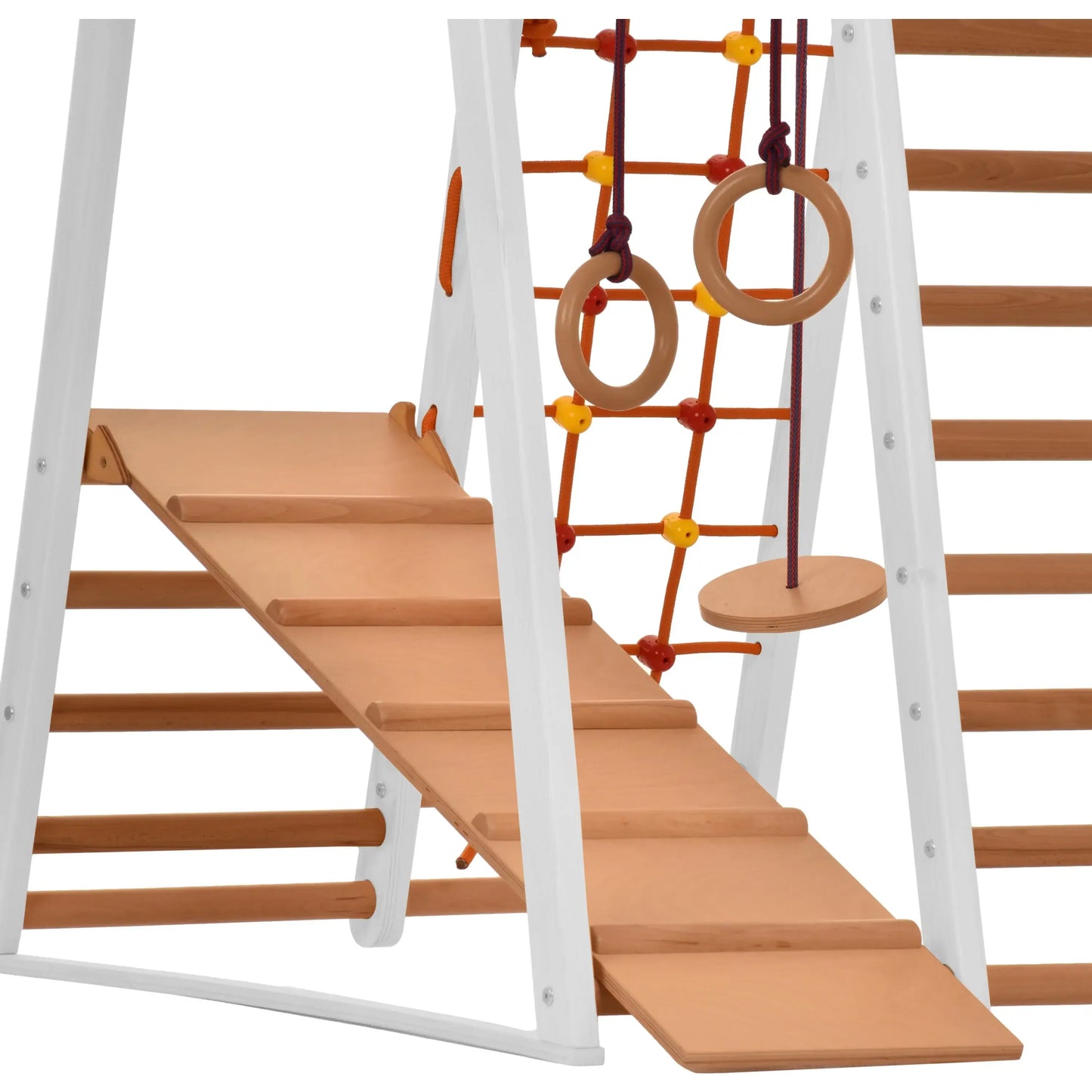 Indoor playground white made of wood - climbing net, swedish ladder, rings, slide