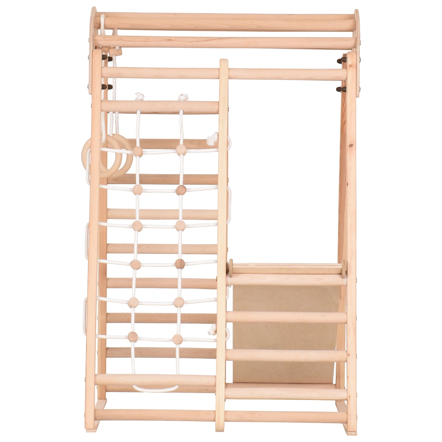 Indoor Spielplatz natur aus Holz - Kletternetz, schwedische Leiter, Ringe, Rutsche