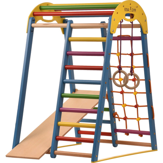 Indoor blue playground made of wood with climbing net, swedish ladder, rings, slide