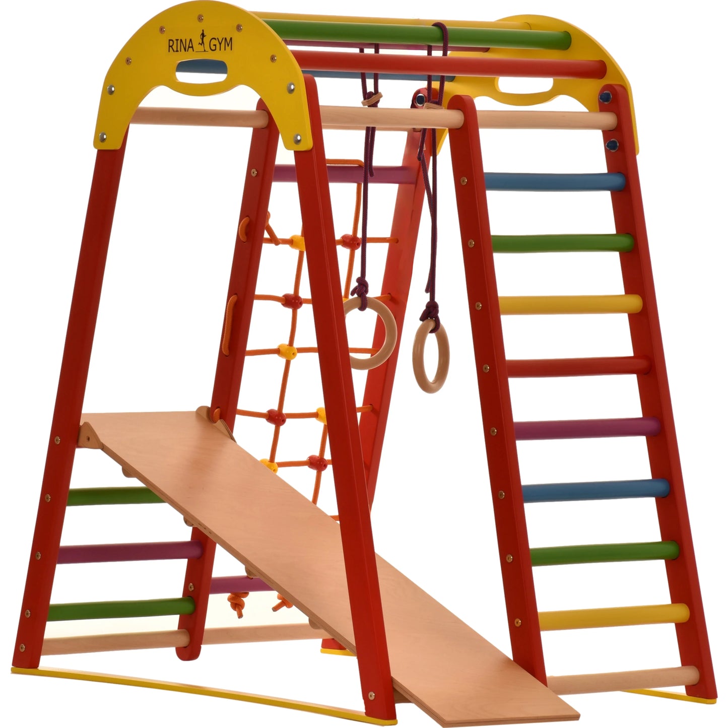 Indoor playground red made of wood - climbing net, swedish ladder, rings, slide