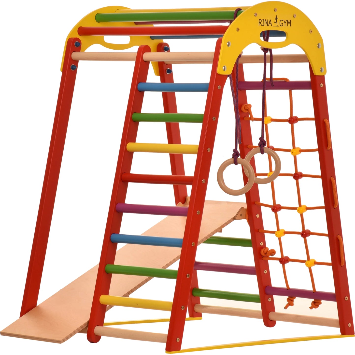 Indoor playground red made of wood - climbing net, swedish ladder, rings, slide
