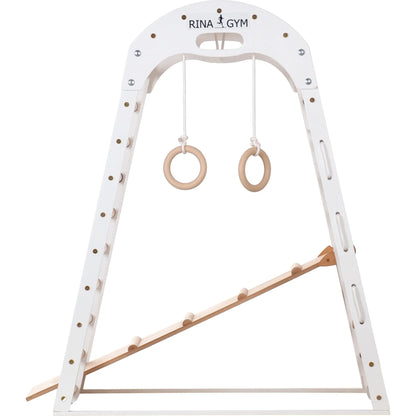 Indoor playground white made of wood - climbing net, swedish ladder, rings, slide