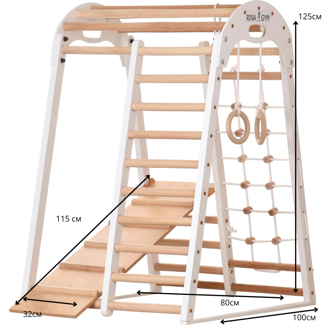 Indoor playground white made of wood - climbing net, swedish ladder, rings, slide