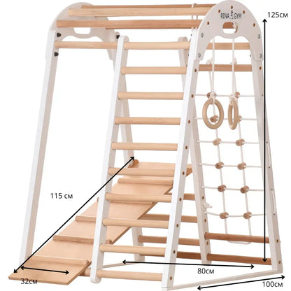 Indoor playground white made of wood - climbing net, swedish ladder, rings, slide