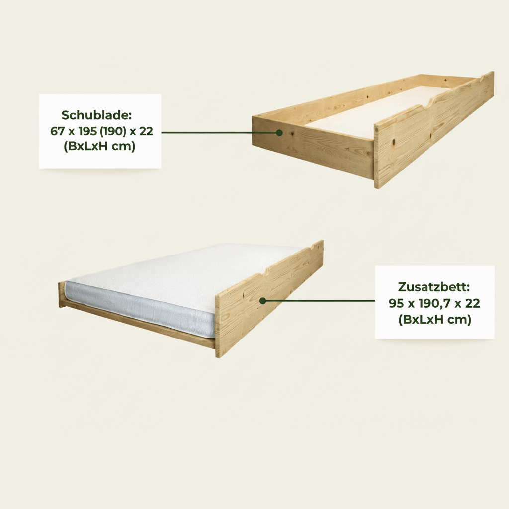 Holz Etagenbett HANNES für 3 Personen mit Stufenregal, 90x200 cm & 140x200 cm, versch. Farben