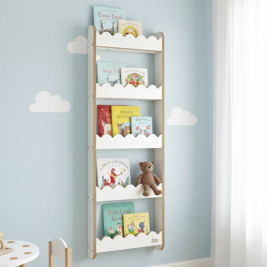 Wandregal für Bücher "Welle", versch. Größen und Farben, ideal für Kinderzimmer mit bunten Büchern.