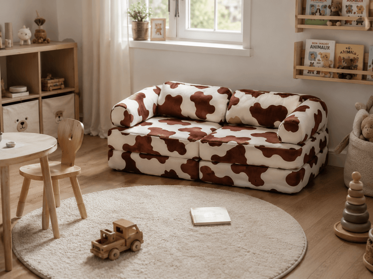 Kompaktes Kindersofa Kuh 6-teilig – modulares Spielsofa aus Chenille