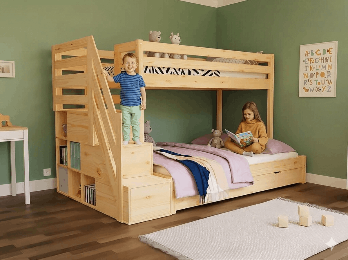Holz Etagenbett HANNES mit Stufenregal und Stufenleiter