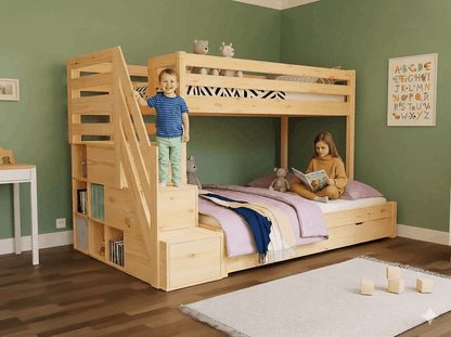 Holz Etagenbett HANNES für 3 Personen mit Stufenregal, versch. Farben