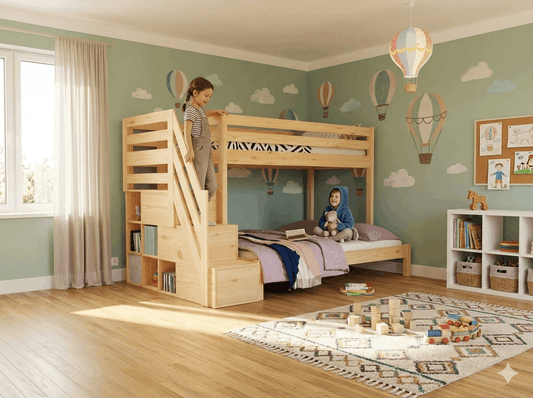 Holz Etagenbett HANNES für 3 Personen mit Stufenregal, 80x200 cm & 120x200 cm, versch. Farben