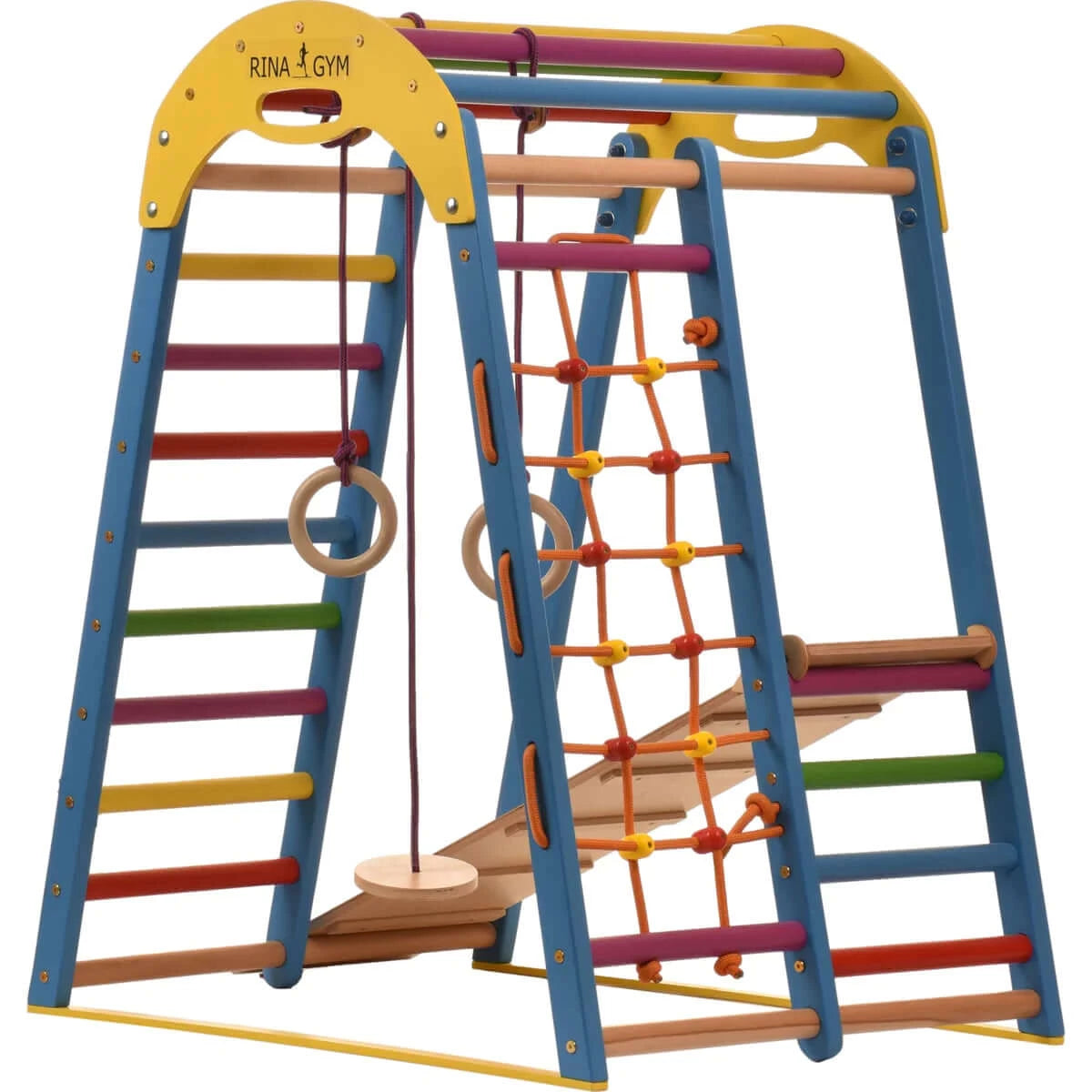 Indoor blue playground made of wood with climbing net, swedish ladder, rings, slide