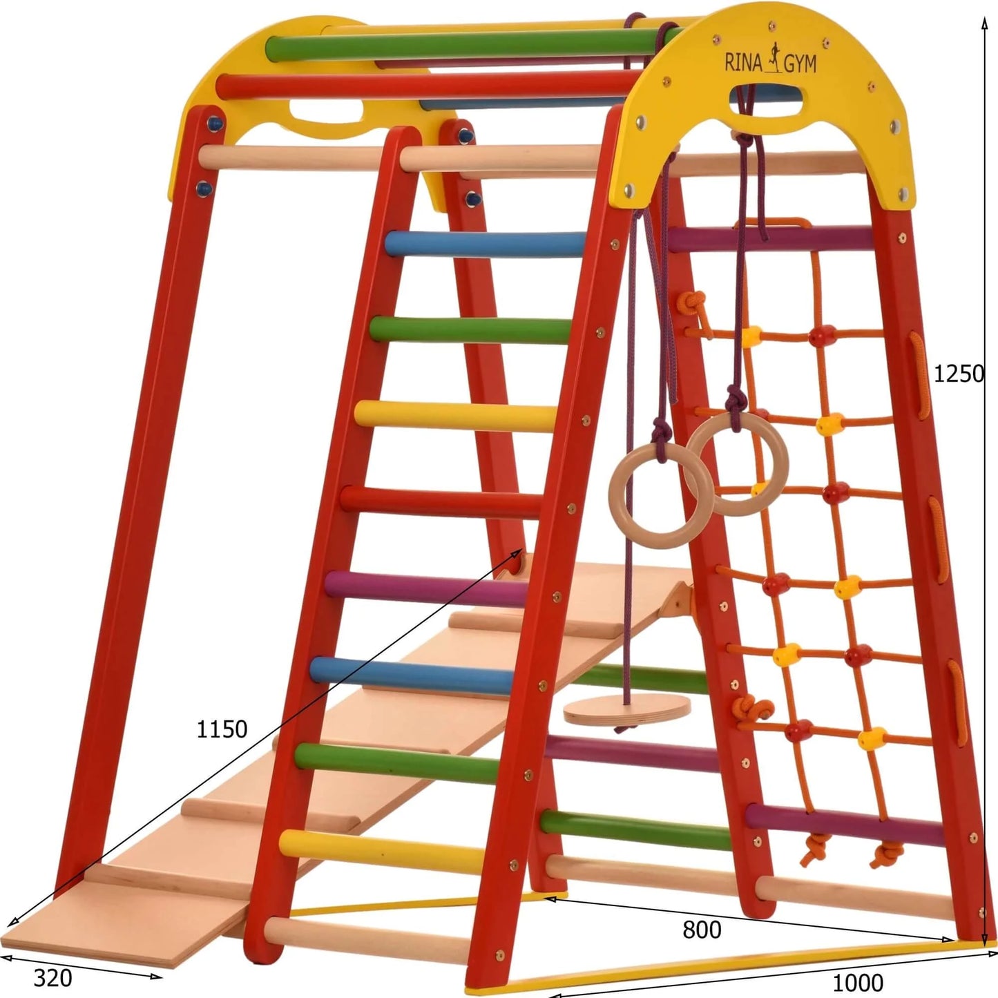 Indoor Spielplatz Rot aus Holz - Kletternetz, schwedische Leiter, Ringe, Rutsche