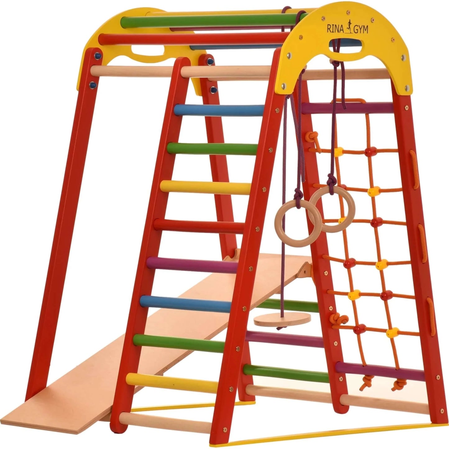 Indoor playground red made of wood - climbing net, swedish ladder, rings, slide