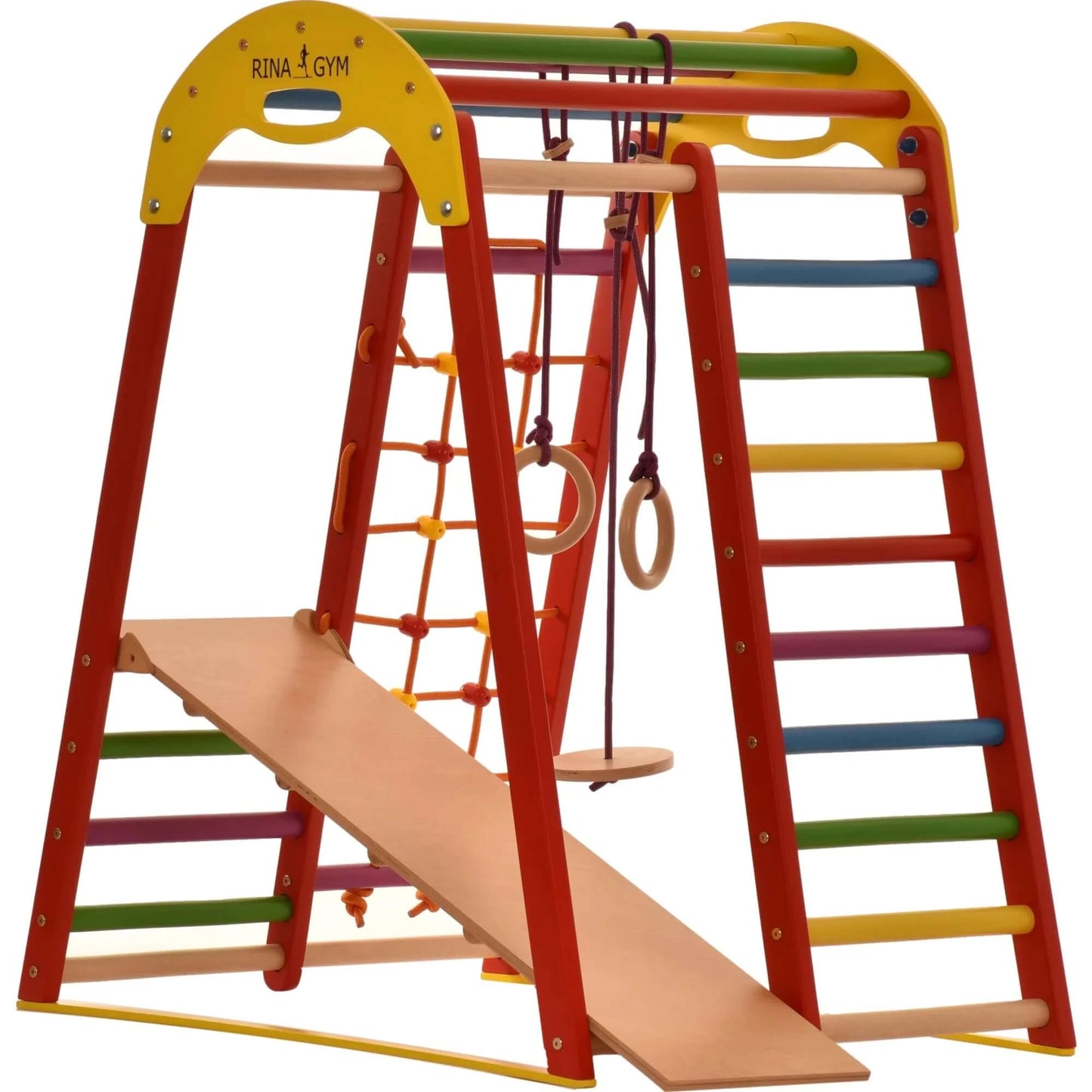 Indoor playground red made of wood - climbing net, swedish ladder, rings, slide