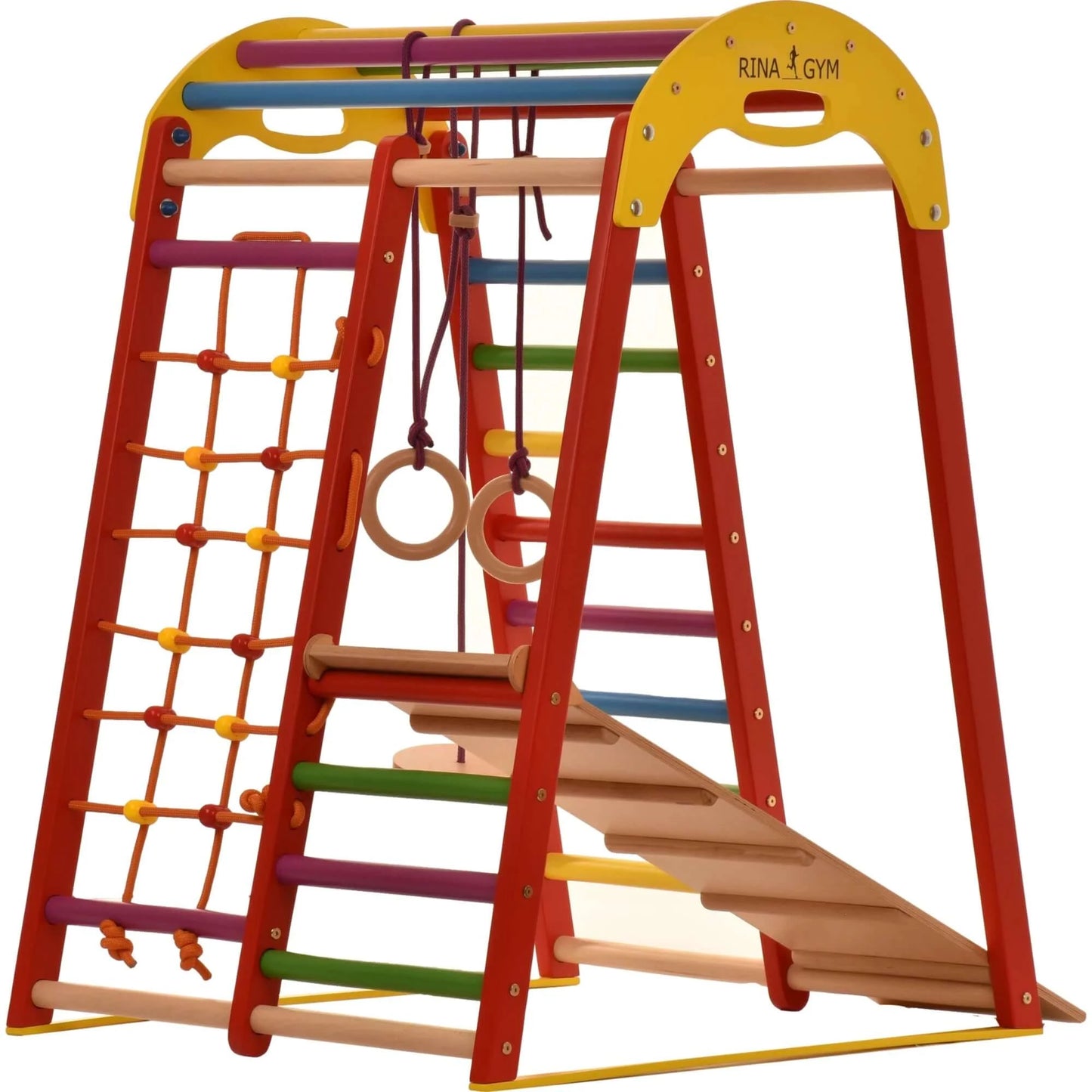 Indoor playground red made of wood - climbing net, swedish ladder, rings, slide