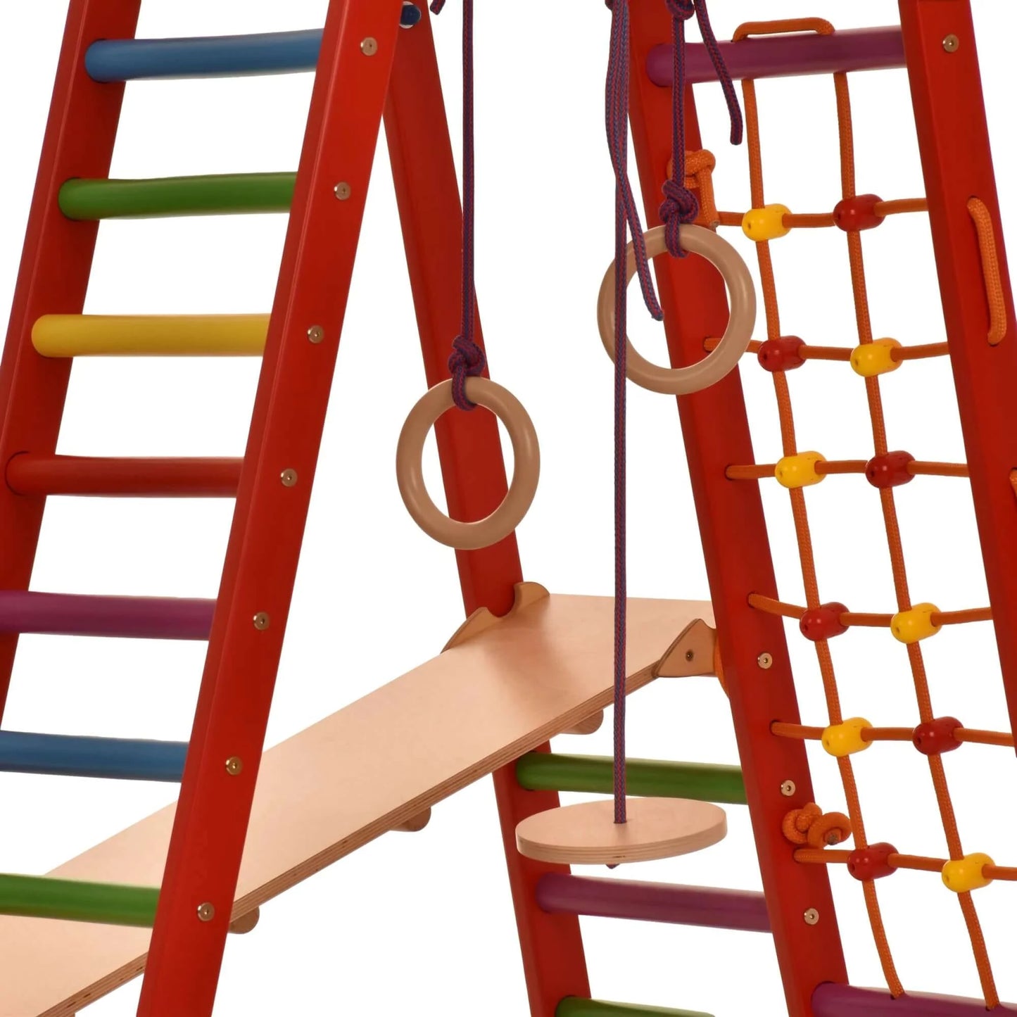 Indoor playground red made of wood - climbing net, swedish ladder, rings, slide